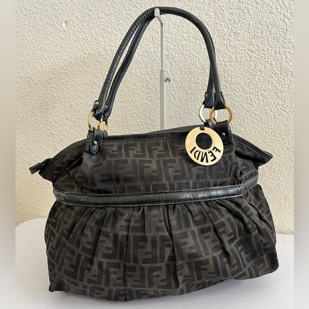 Fendi Black Zucca Shoulder Bag with Gold Charm